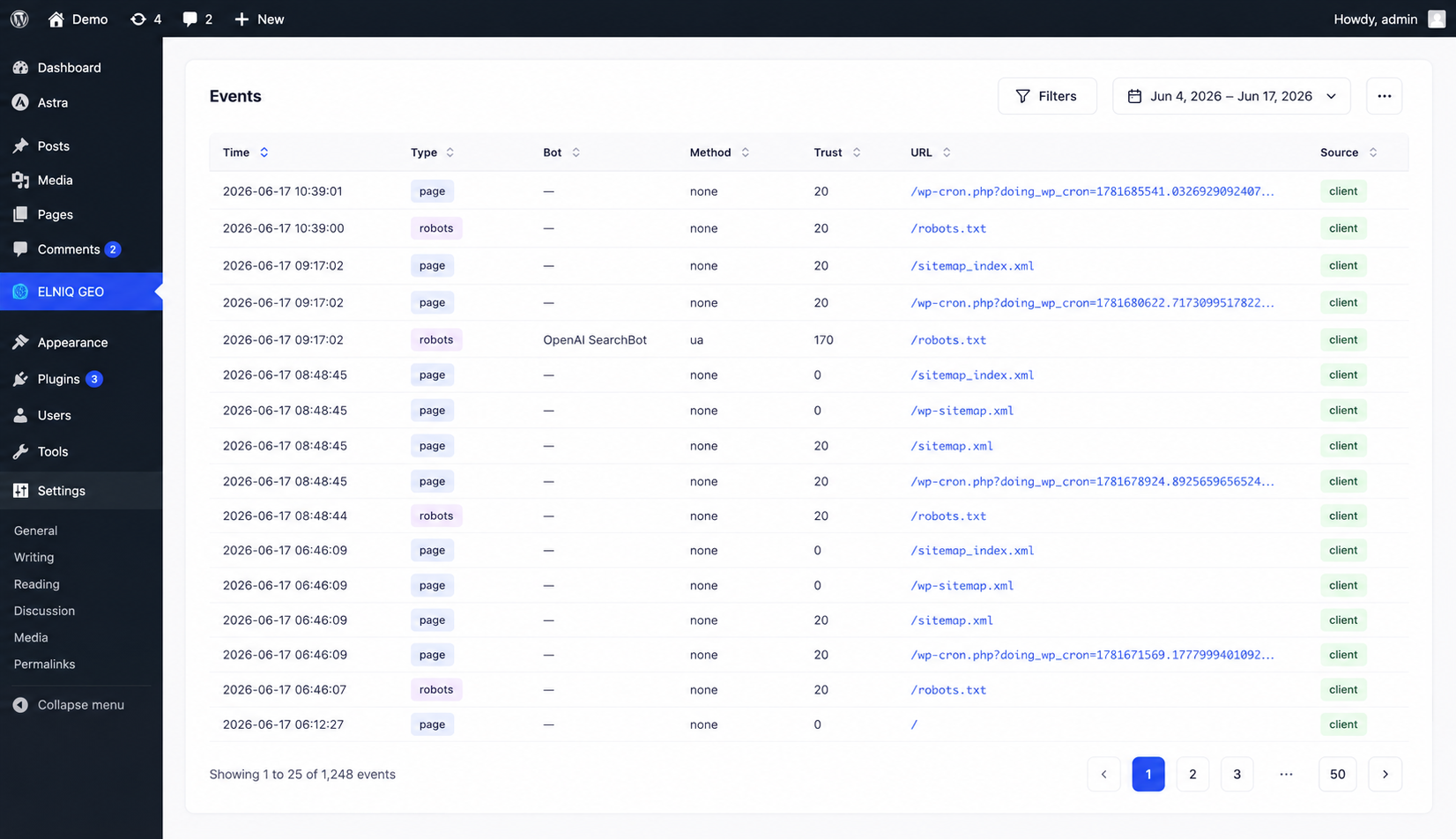 AI crawler events table inside WordPress